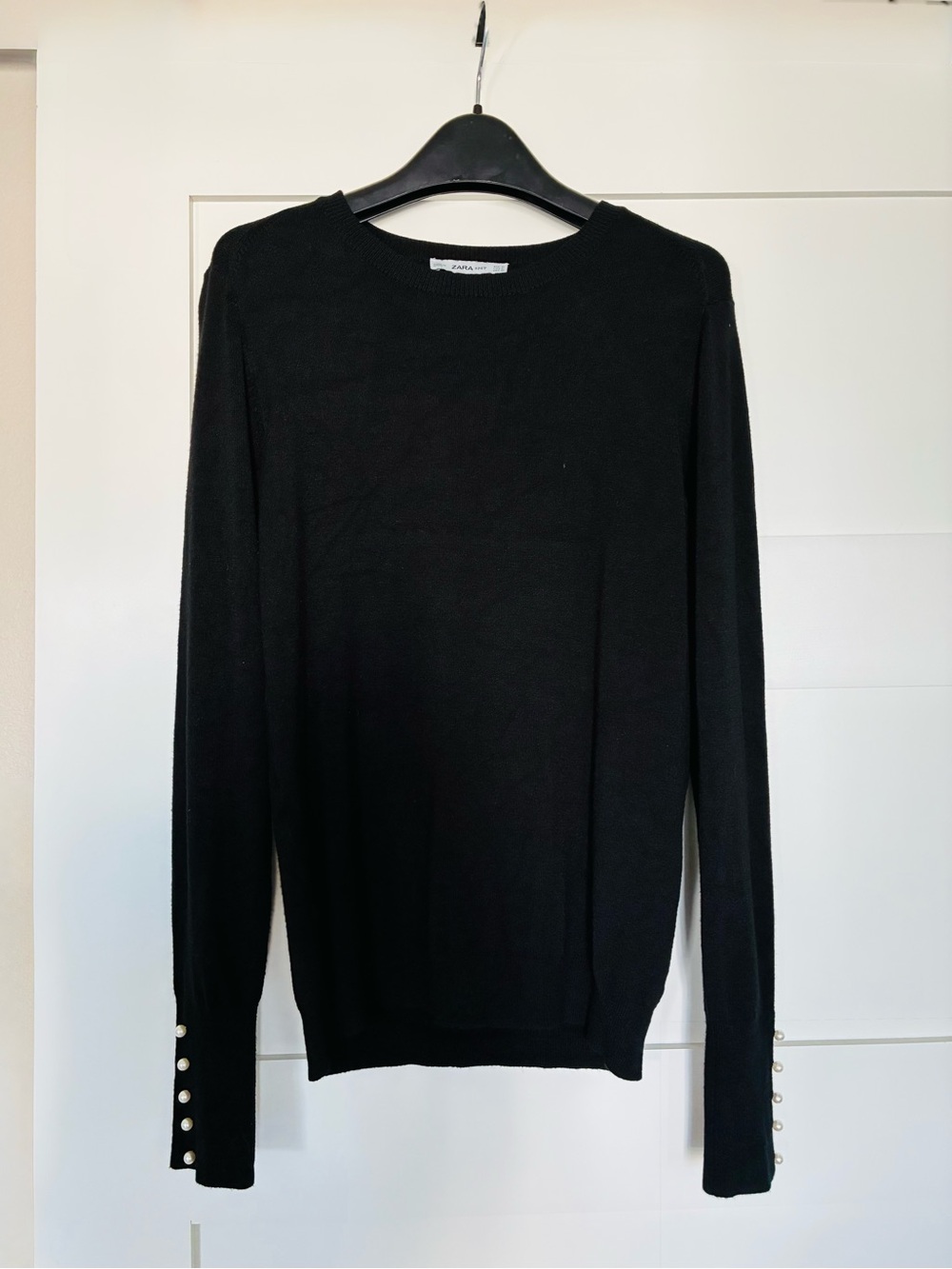 Zara M Knit Black Crewneck Sweater with Pearl Cuffs